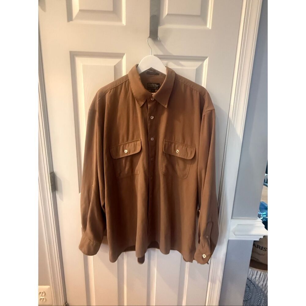 National Geographic Brown Moleskin Faux Fur Button Up Shirt sz XL EUC